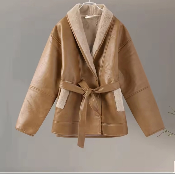 Winter Thick Plush Women PU Leather Jackets With Belts - Picture 8 of 10